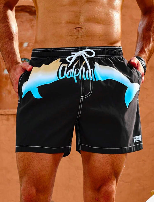 Manfinity Shorts De Playa Con Cintura Con Cordón Y Estampado De Delfines Y Letras Para Hombre