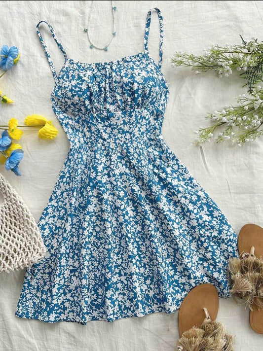 SHEIN Dreamara Vestido corto de verano para mujeres con tirantes de espagueti sin espalda cruzados con estampado floral pequeño para vacaciones