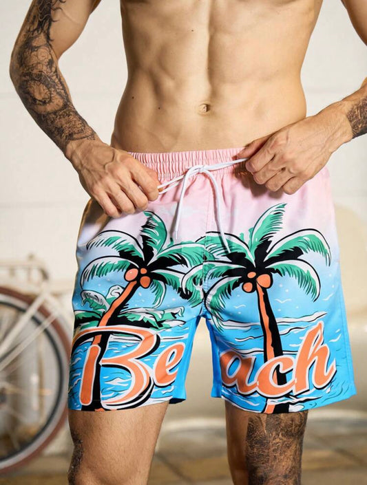 Manfinity Swimmode Shorts De Playa Degradado Con Estampado Tropical Para Hombre