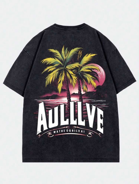 ROMWE Street Life Camiseta de manga corta lavada con estampado de palmeras para vacaciones de hombre, estilo vintage callejero